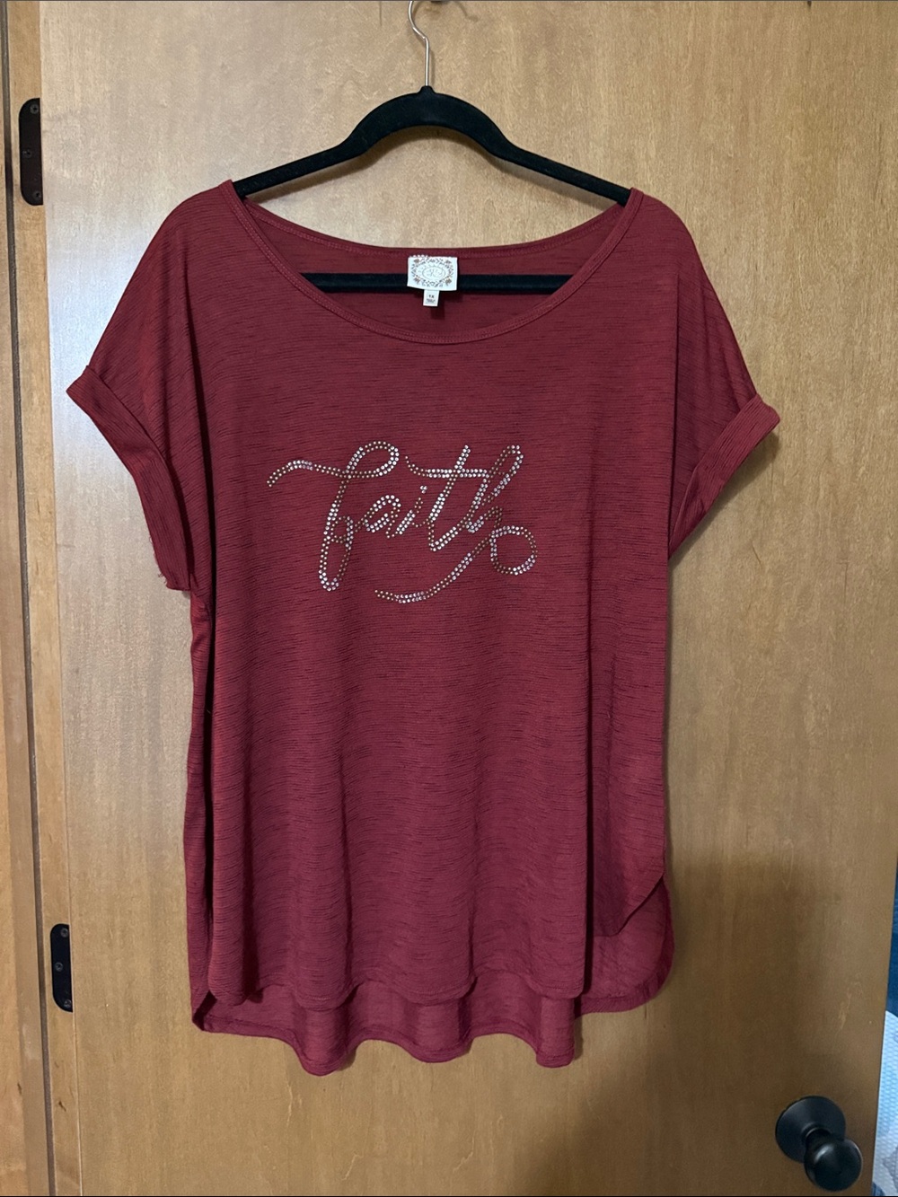 NWOT Women's Maroon 'Faith' Studded Short-Sleeve Top